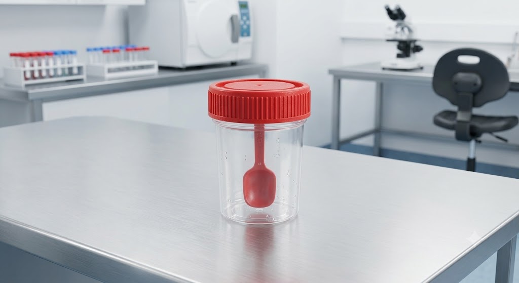 C-Pot à selles gradué 60 mL avec cuillère intégrée - Boîte de 100